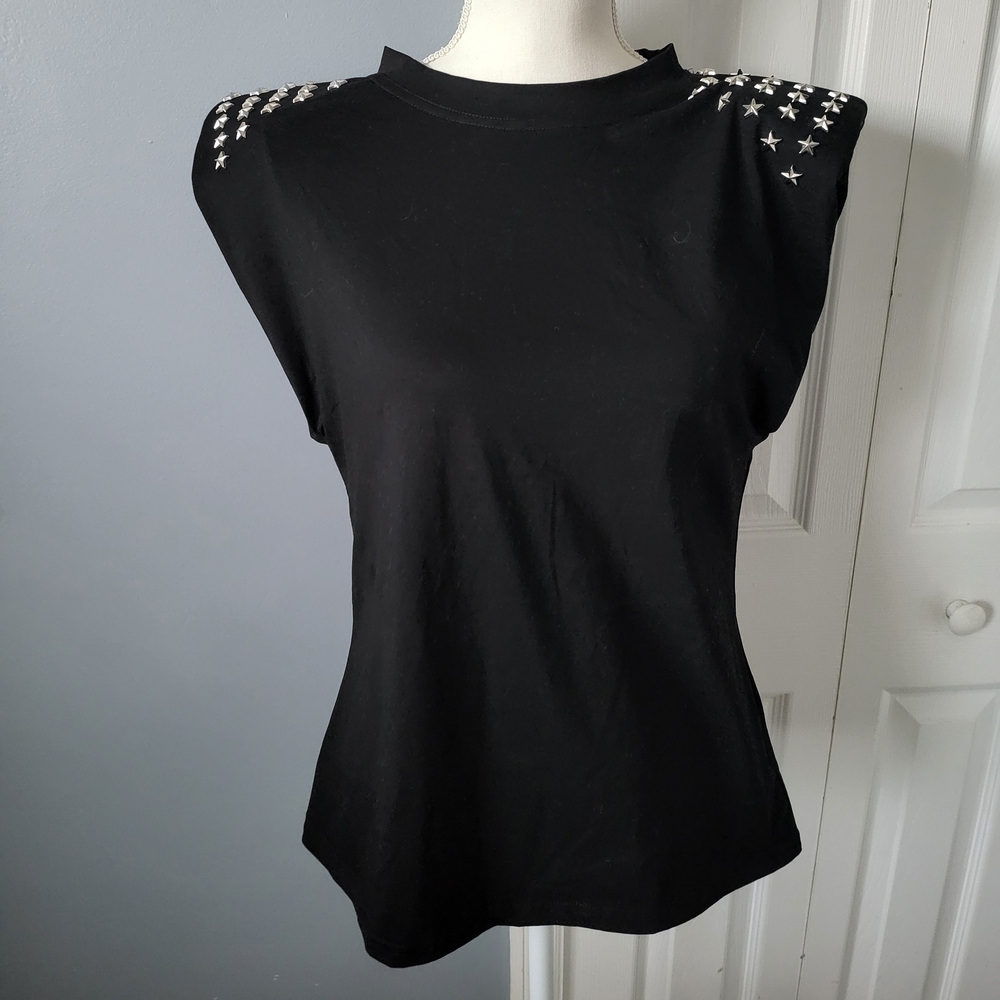 Black Embellished Muscle Tee with Silver Accents
